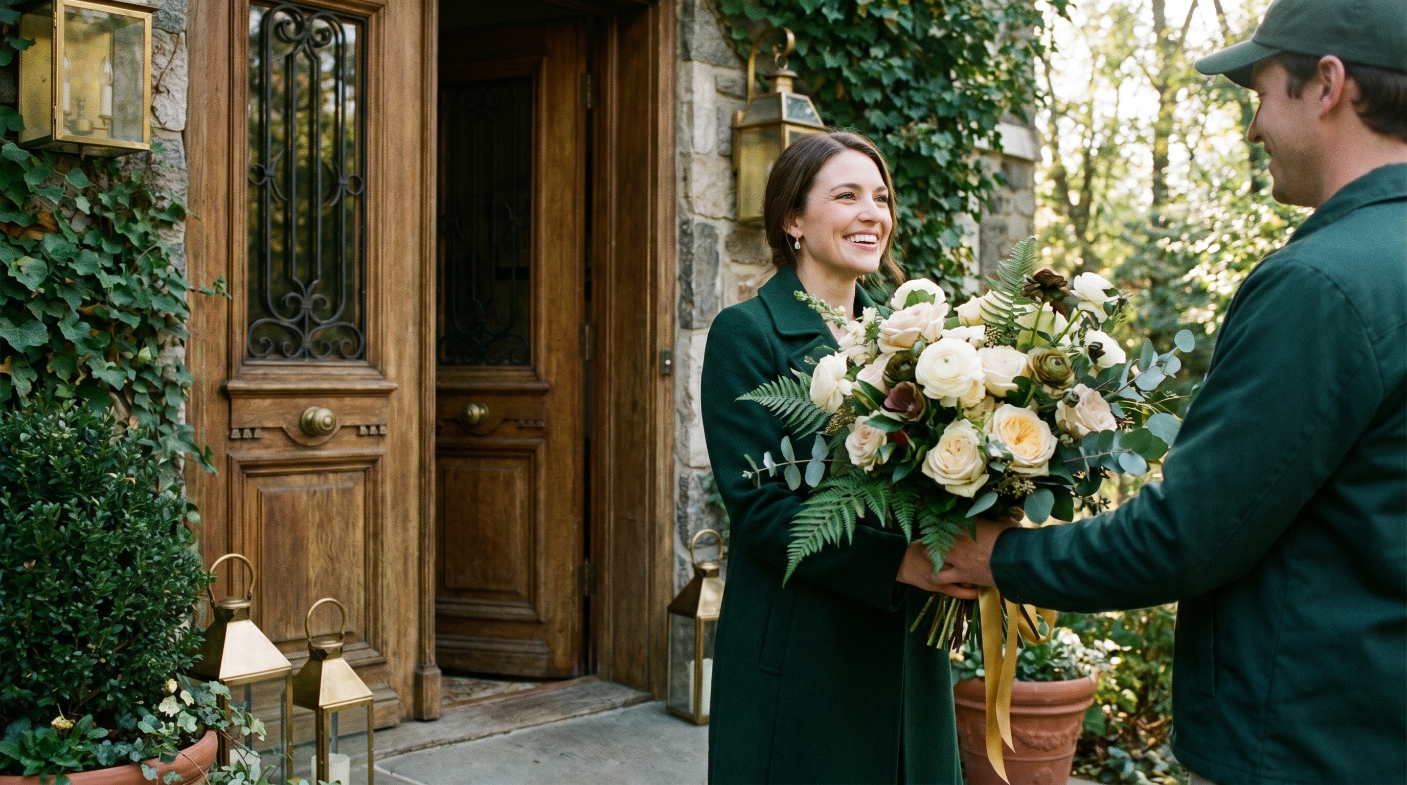 Entrega de flores premium Aurora Flores — mulher recebendo buquê de rosas