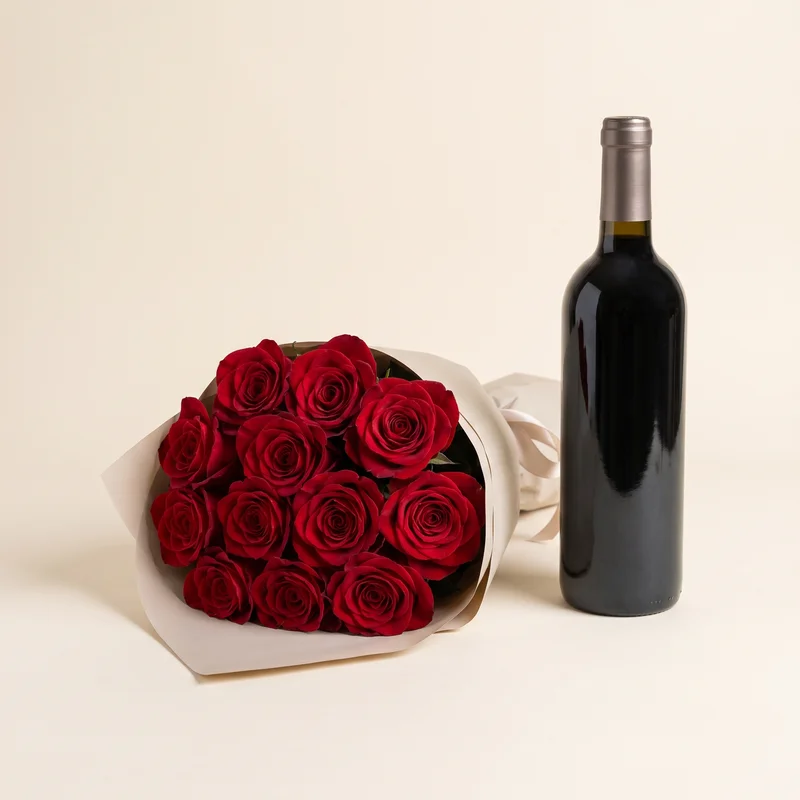 Combo Romântico: Rosas + Vinho
