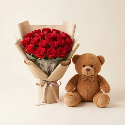 Amor Completo: Flores com Urso de Pelúcia