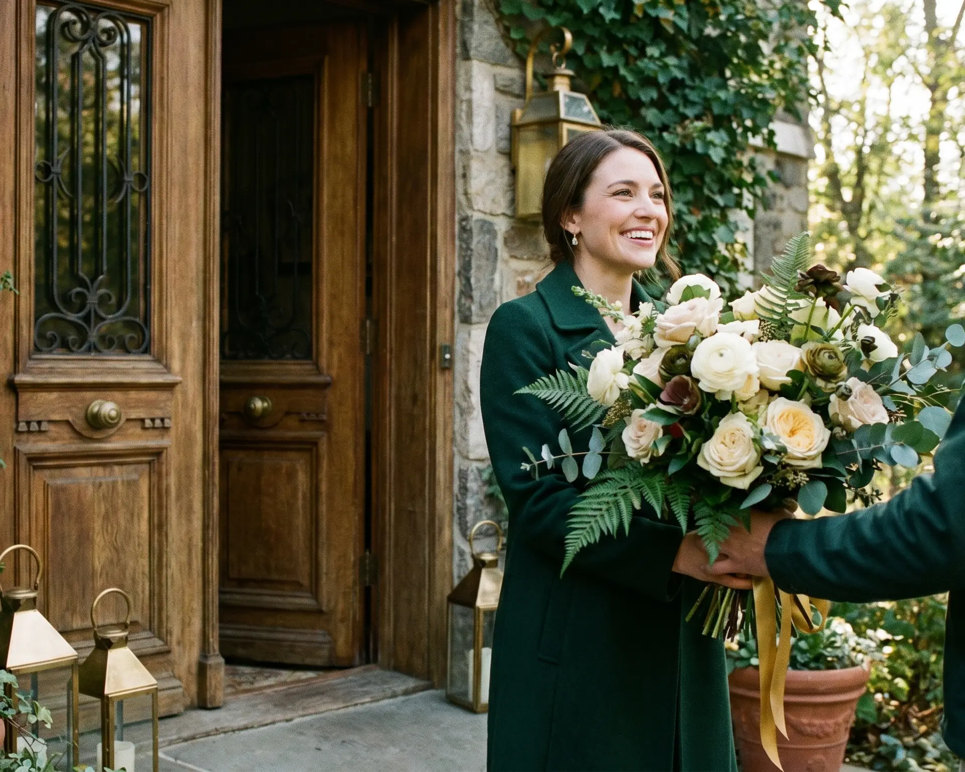 Entrega de flores premium Aurora Flores — mulher recebendo buquê de rosas